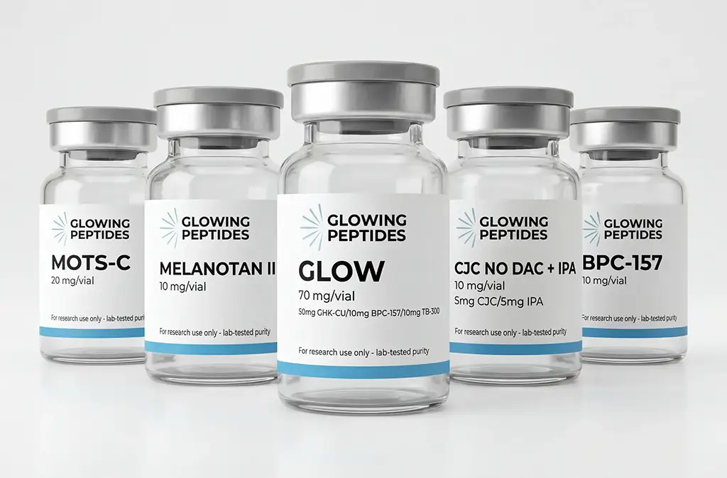 GlowingPeptides-Ampullen stehen in einer Reihe