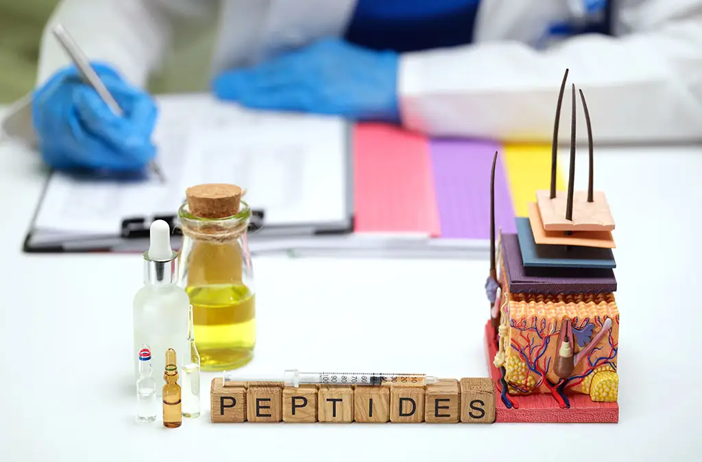 A scientist in a lab coat and blue rubber gloves sits at a desk with ampoules, a skin model and wooden letters with the word "Peptides" on them