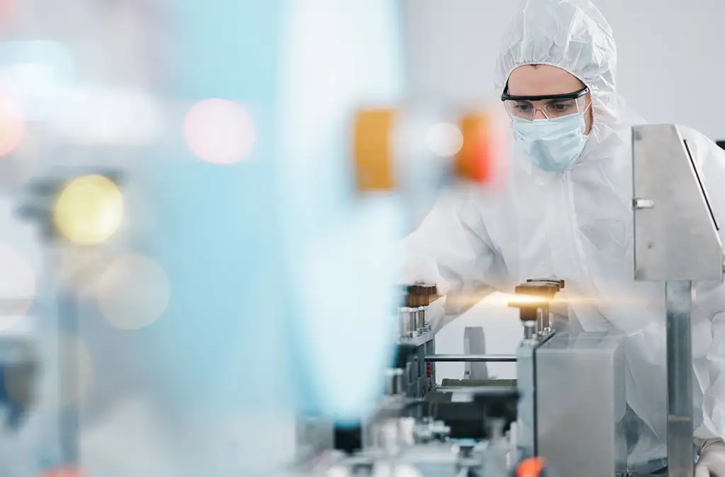 Ein Laborant mit Schutzanzug und Maske bei der Arbeit